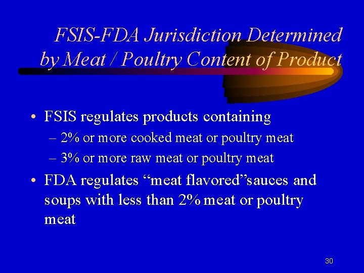 FSIS-FDA Jurisdiction Determined by Meat / Poultry Content of Product • FSIS regulates products