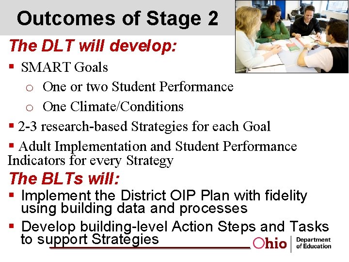 Outcomes of Stage 2 The DLT will develop: § SMART Goals o One or