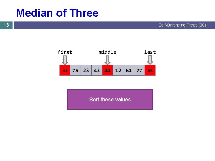 Median of Three 13 Self-Balancing Trees (38) first middle last 33 75 23 43