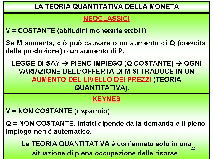 LA TEORIA QUANTITATIVA DELLA MONETA NEOCLASSICI V = COSTANTE (abitudini monetarie stabili) Se M