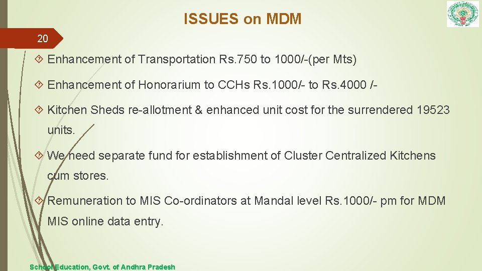 ISSUES on MDM 20 Enhancement of Transportation Rs. 750 to 1000/-(per Mts) Enhancement of