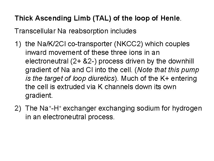 Thick Ascending Limb (TAL) of the loop of Henle. Transcellular Na reabsorption includes 1)