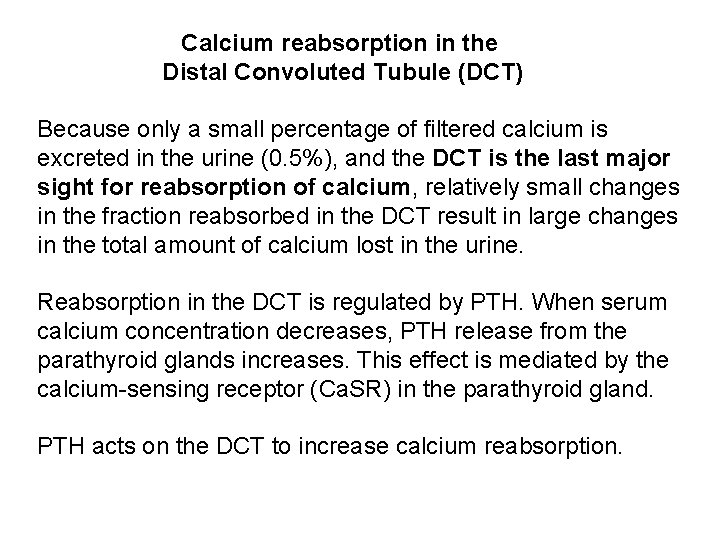 Calcium reabsorption in the Distal Convoluted Tubule (DCT) Because only a small percentage of