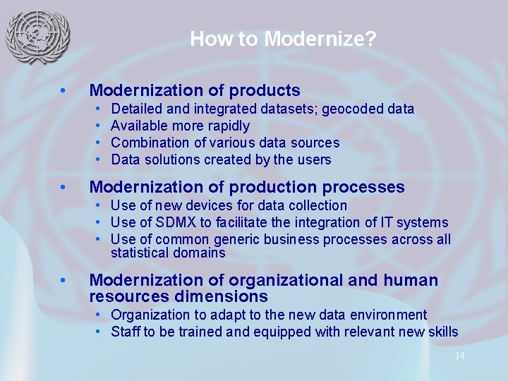 How to Modernize? • Modernization of products • • • Detailed and integrated datasets;