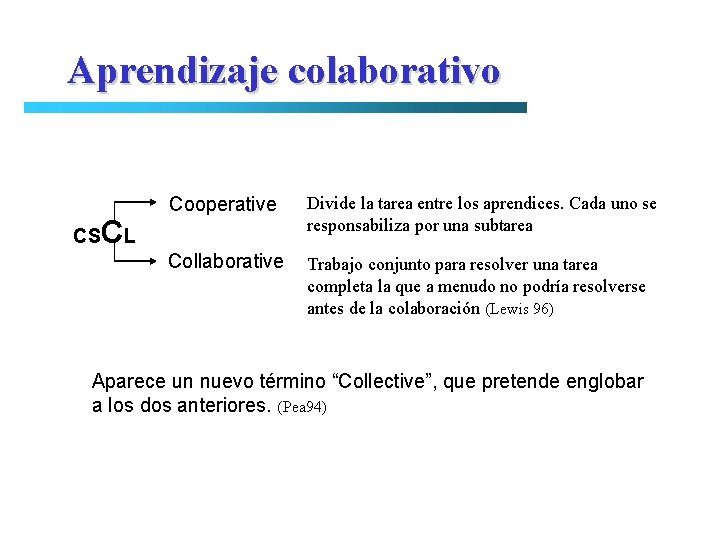 Aprendizaje colaborativo CS CL Cooperative Divide la tarea entre los aprendices. Cada uno se