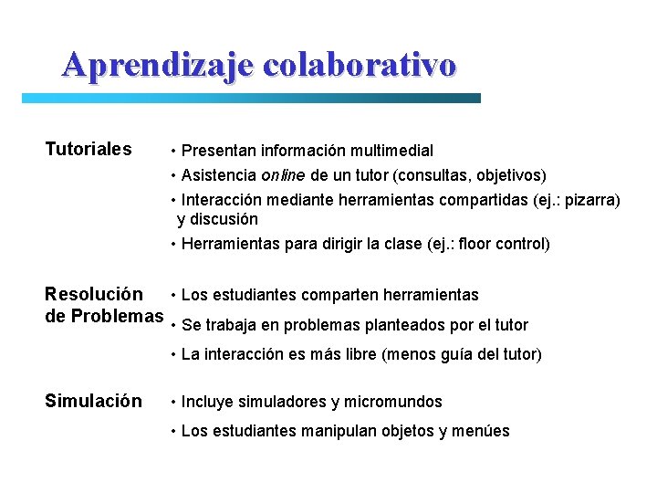 Aprendizaje colaborativo Tutoriales • Presentan información multimedial • Asistencia online de un tutor (consultas,