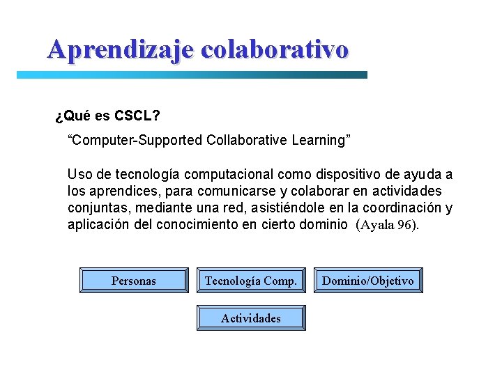 Aprendizaje colaborativo ¿Qué es CSCL? “Computer-Supported Collaborative Learning” Uso de tecnología computacional como dispositivo
