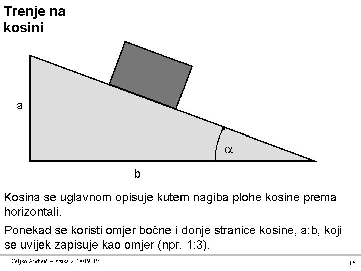 Trenje na kosini a b Kosina se uglavnom opisuje kutem nagiba plohe kosine prema