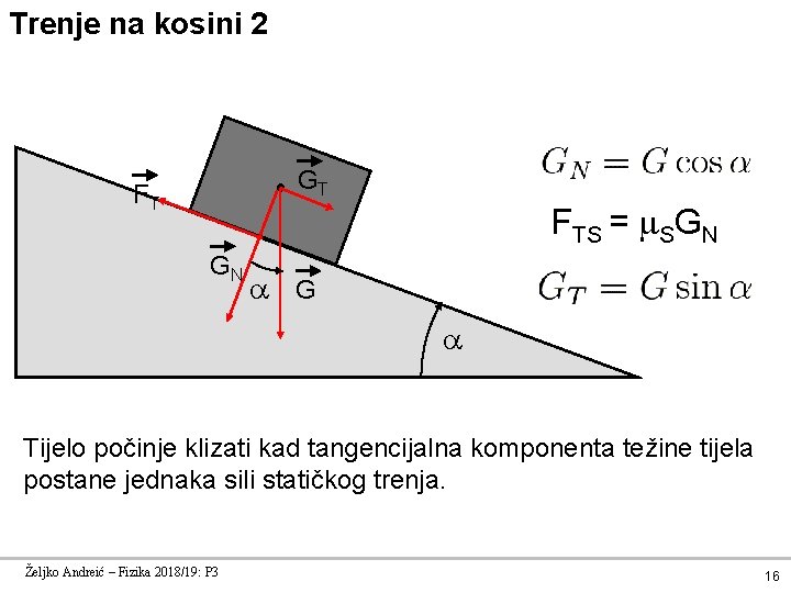 Trenje na kosini 2 GT FT FTS = SGN GN G Tijelo počinje klizati