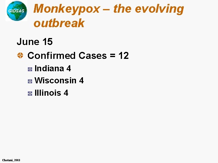 GIDSAS Monkeypox – the evolving outbreak June 15 Confirmed Cases = 12 Indiana 4