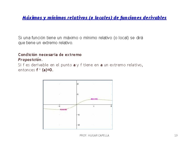 Máximos y mínimos relativos (o locales) de funciones derivables Si una función tiene un