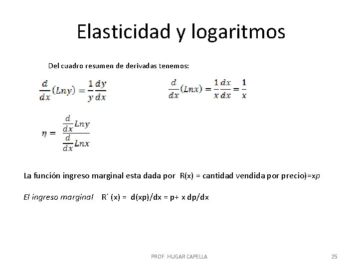 Elasticidad y logaritmos Del cuadro resumen de derivadas tenemos: La función ingreso marginal esta