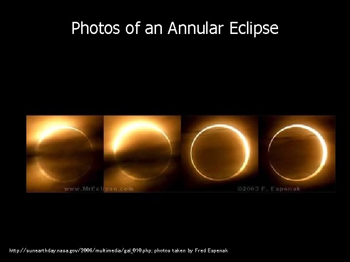 Photos of an Annular Eclipse http: //sunearthday. nasa. gov/2006/multimedia/gal_010. php; photos taken by Fred