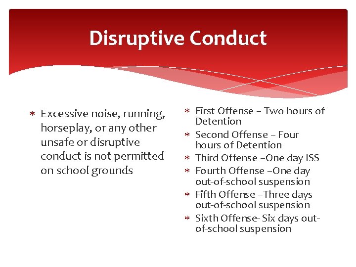 Disruptive Conduct Excessive noise, running, horseplay, or any other unsafe or disruptive conduct is