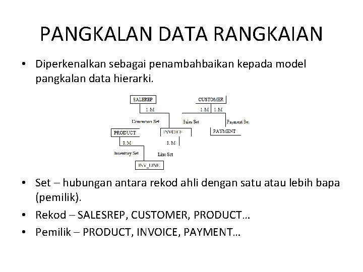 PANGKALAN DATA RANGKAIAN • Diperkenalkan sebagai penambahbaikan kepada model pangkalan data hierarki. • Set