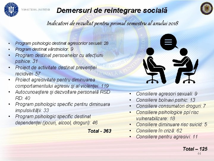 Demersuri de reintegrare socială Indicatori de rezultat pentru primul semestru al anului 2018 •