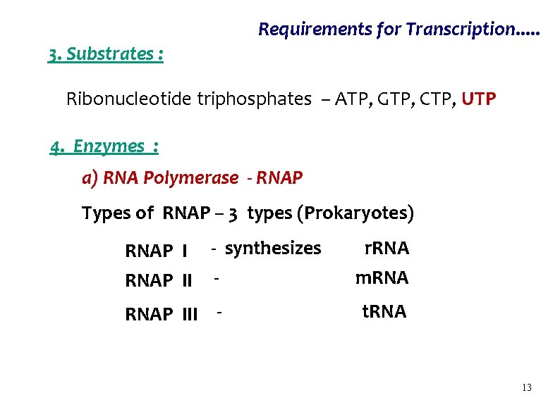 Requirements for Transcription. . . 3. Substrates : Ribonucleotide triphosphates – ATP, GTP, CTP,