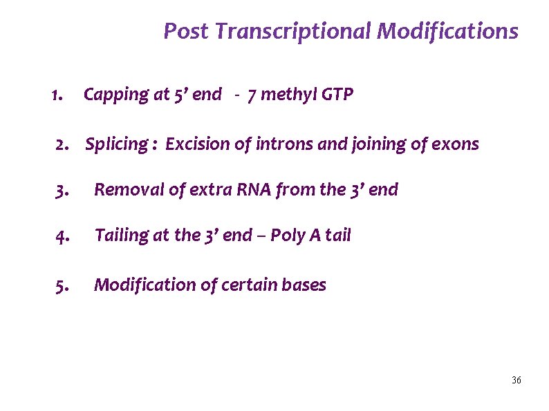 Post Transcriptional Modifications 1. Capping at 5’ end - 7 methyl GTP 2. Splicing
