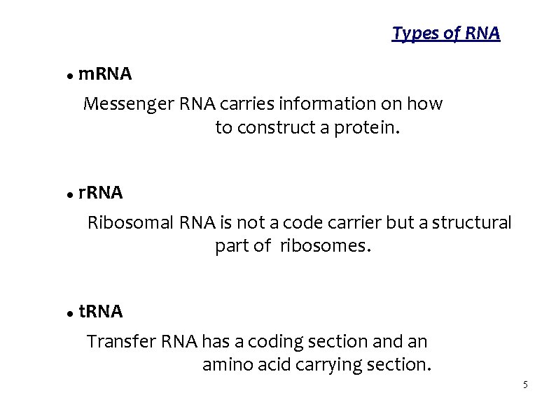 Types of RNA m. RNA Messenger RNA carries information on how to construct a