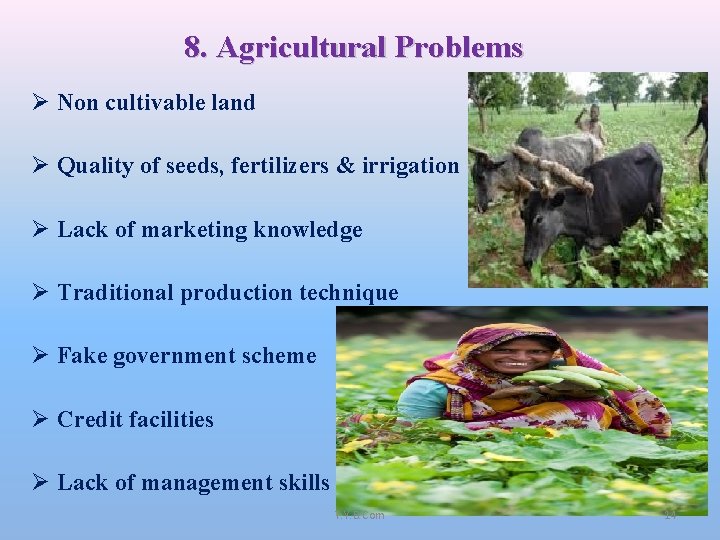 8. Agricultural Problems Ø Non cultivable land Ø Quality of seeds, fertilizers & irrigation