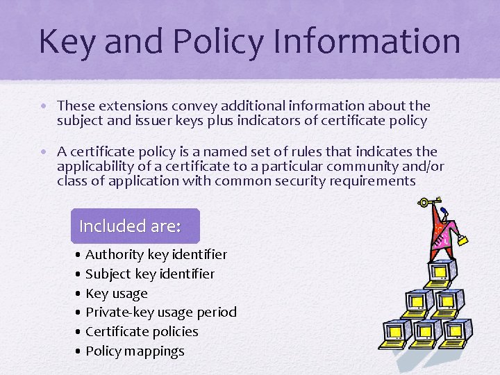 Key and Policy Information • These extensions convey additional information about the subject and