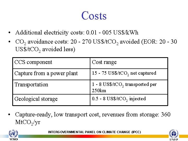 Costs • Additional electricity costs: 0. 01 - 005 US$/k. Wh • CO 2