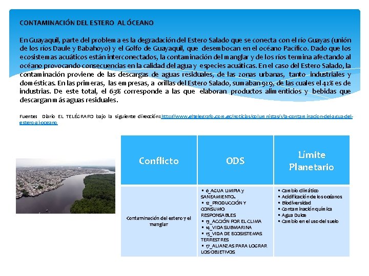 CONTAMINACIÓN DEL ESTERO AL ÓCEANO En Guayaquil, parte del problema es la degradación del