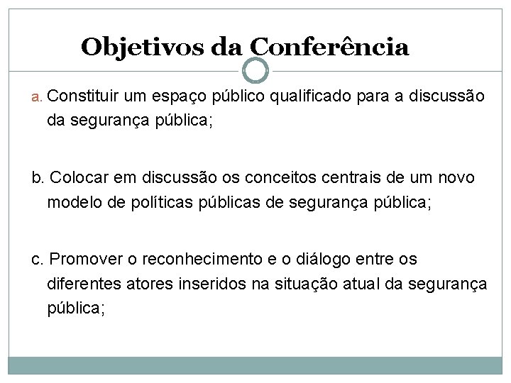 Objetivos da Conferência a. Constituir um espaço público qualificado para a discussão da segurança