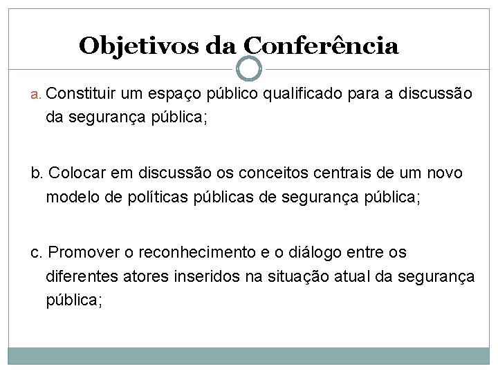 Objetivos da Conferência a. Constituir um espaço público qualificado para a discussão da segurança Objetivos da Conferência a. Constituir um espaço público qualificado para a discussão da segurança