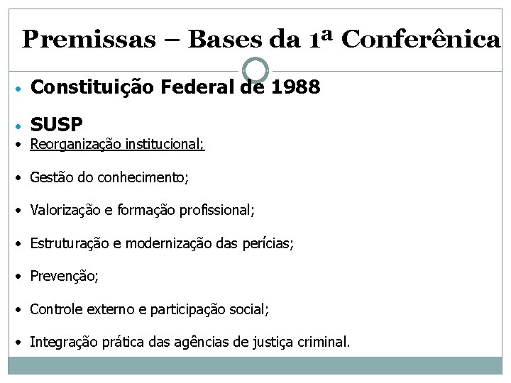 Premissas – Bases da 1ª Conferênica • Constituição Federal de 1988 • SUSP • Premissas – Bases da 1ª Conferênica • Constituição Federal de 1988 • SUSP •