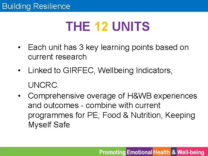 Building Resilience THE 12 UNITS • Each unit has 3 key learning points based