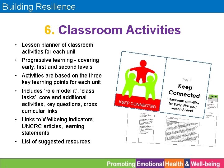 Building Resilience 6. Classroom Activities • Lesson planner of classroom activities for each unit