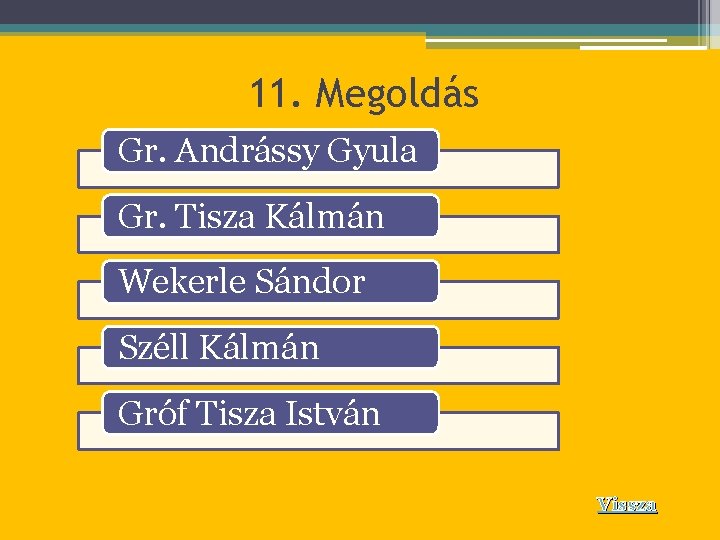 11. Megoldás Gr. Andrássy Gyula Gr. Tisza Kálmán Wekerle Sándor Széll Kálmán Gróf Tisza