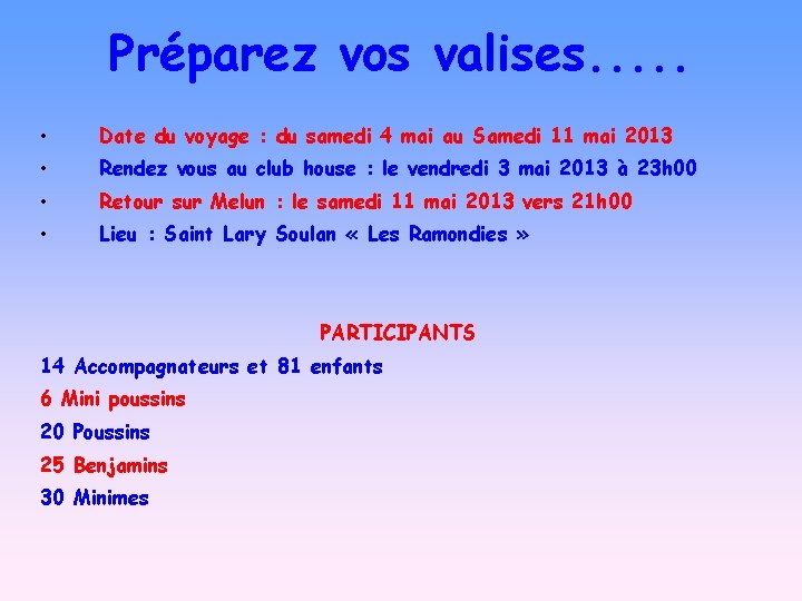 Préparez vos valises. . . • Date du voyage : du samedi 4 mai