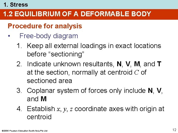 1. Stress 1. 2 EQUILIBRIUM OF A DEFORMABLE BODY Procedure for analysis • Free-body