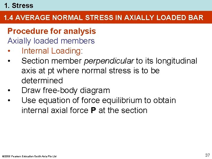 1. Stress 1. 4 AVERAGE NORMAL STRESS IN AXIALLY LOADED BAR Procedure for analysis