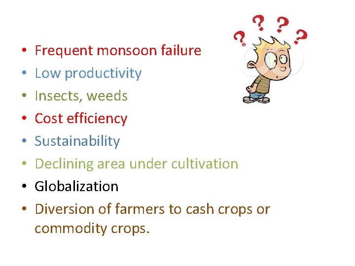  • • Frequent monsoon failure Low productivity Insects, weeds Cost efficiency Sustainability Declining