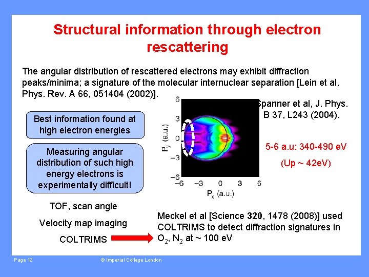 Structural information through electron rescattering The angular distribution of rescattered electrons may exhibit diffraction