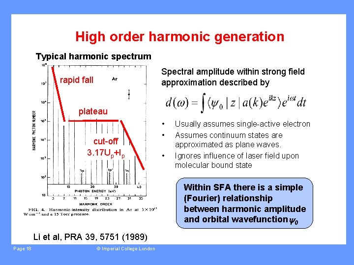 High order harmonic generation Typical harmonic spectrum Spectral amplitude within strong field approximation described