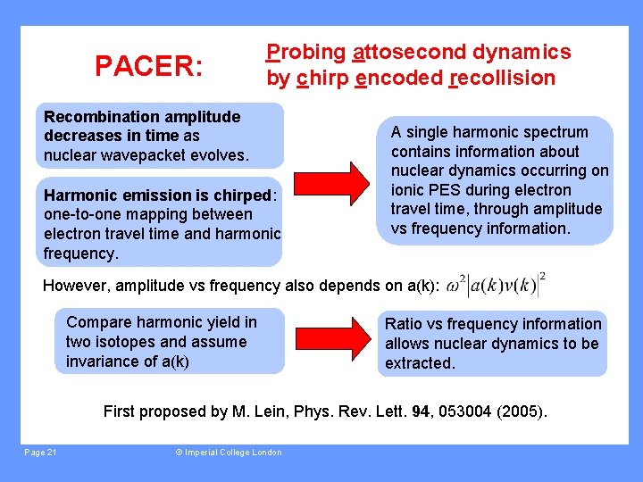 PACER: Probing attosecond dynamics by chirp encoded recollision Recombination amplitude decreases in time as