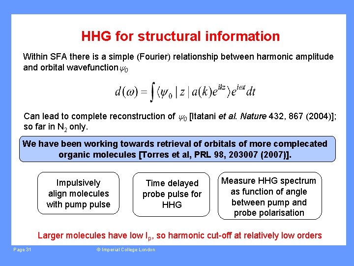 HHG for structural information Within SFA there is a simple (Fourier) relationship between harmonic