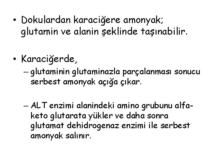  • Dokulardan karaciğere amonyak; glutamin ve alanin şeklinde taşınabilir. • Karaciğerde, – glutaminin