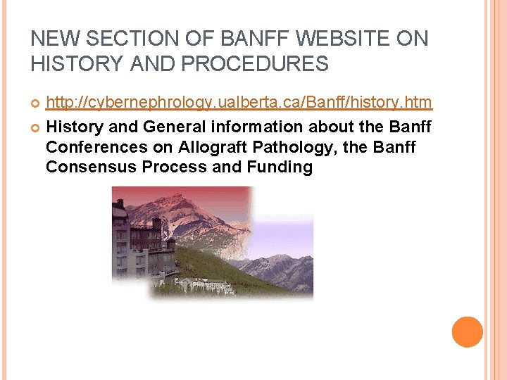 NEW SECTION OF BANFF WEBSITE ON HISTORY AND PROCEDURES http: //cybernephrology. ualberta. ca/Banff/history. htm