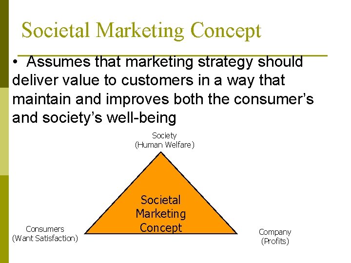 Societal Marketing Concept • Assumes that marketing strategy should deliver value to customers in