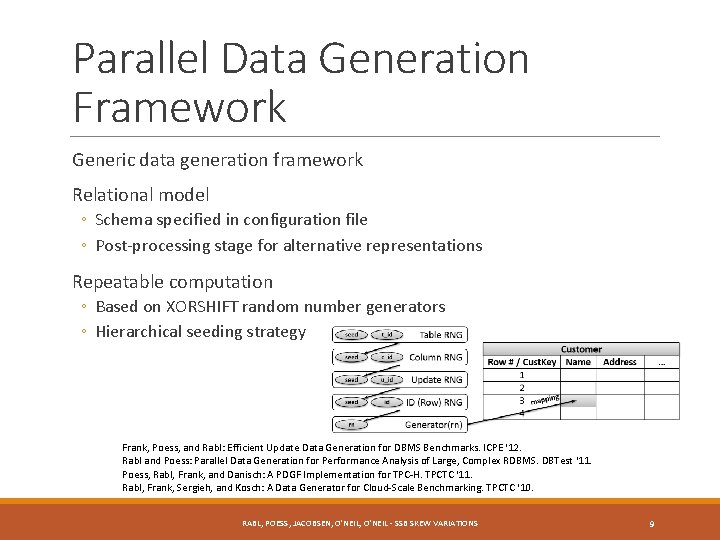 Parallel Data Generation Framework Generic data generation framework Relational model ◦ Schema specified in