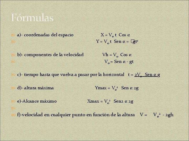 Fórmulas a)- coordenadas del espacio X = V 0 t Cos α Y =
