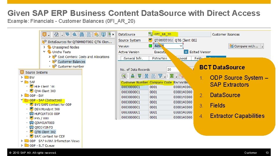 Given SAP ERP Business Content Data. Source with Direct Access Example: Financials - Customer