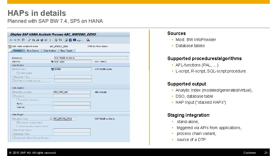 HAPs in details Planned with SAP BW 7. 4, SP 5 on HANA Sources