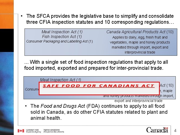  • The SFCA provides the legislative base to simplify and consolidate three CFIA