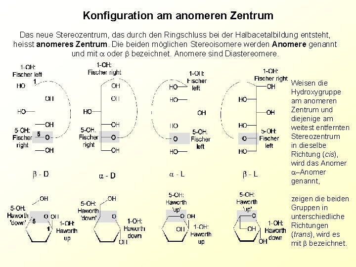 Konfiguration am anomeren Zentrum Das neue Stereozentrum, das durch den Ringschluss bei der Halbacetalbildung